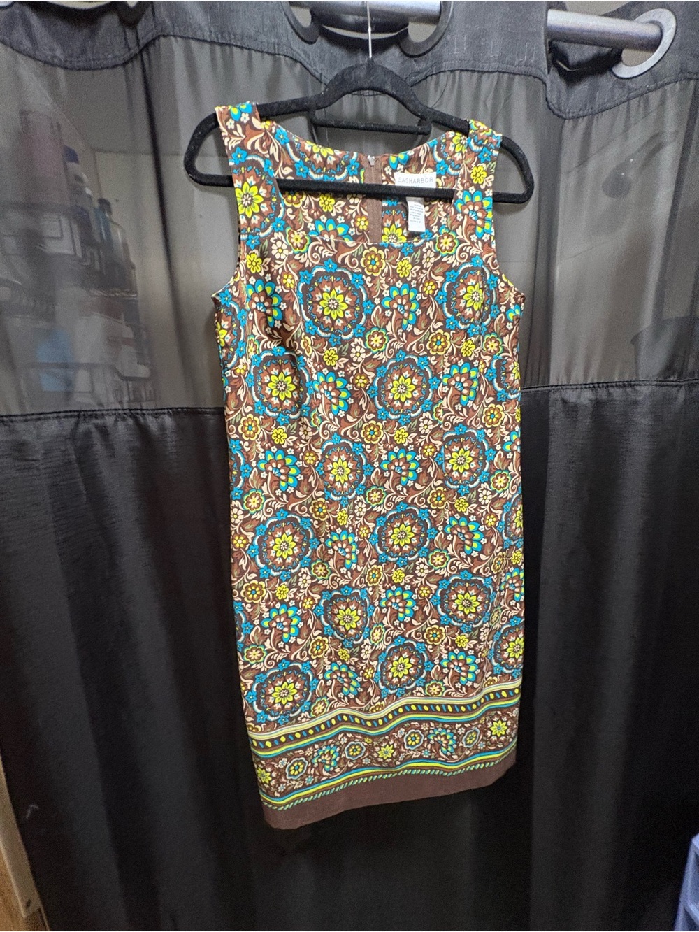 Sag Harbor Brown Floral Medallion Midi Dress with Turquoise and Yellow Accents